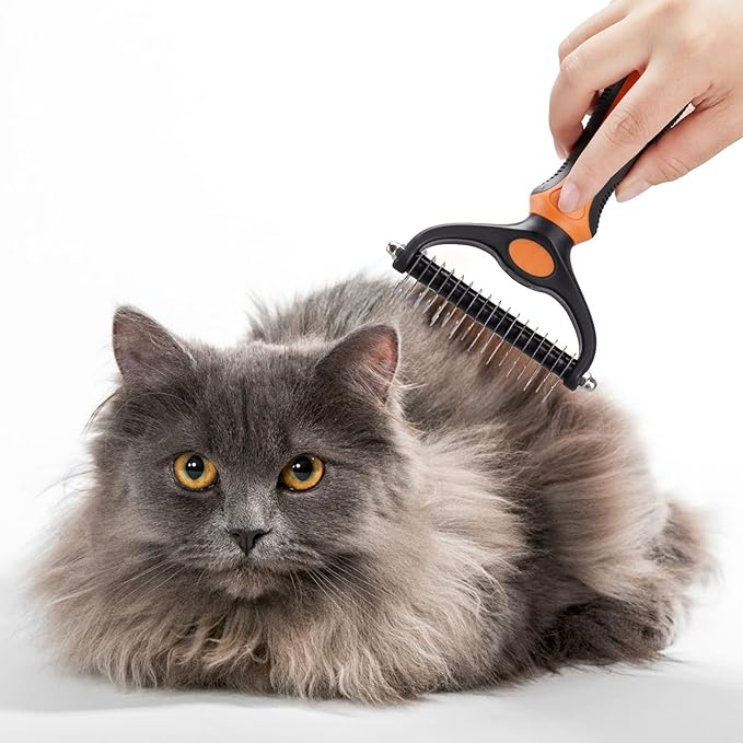 XLCL pet Pet Grooming Tool - 2 Sided Undercoat Rake for Cats and Dogs - Safe Dematting Comb for Easy Mats & Tangles Removing - No More Nasty Shedding and Flying Hair