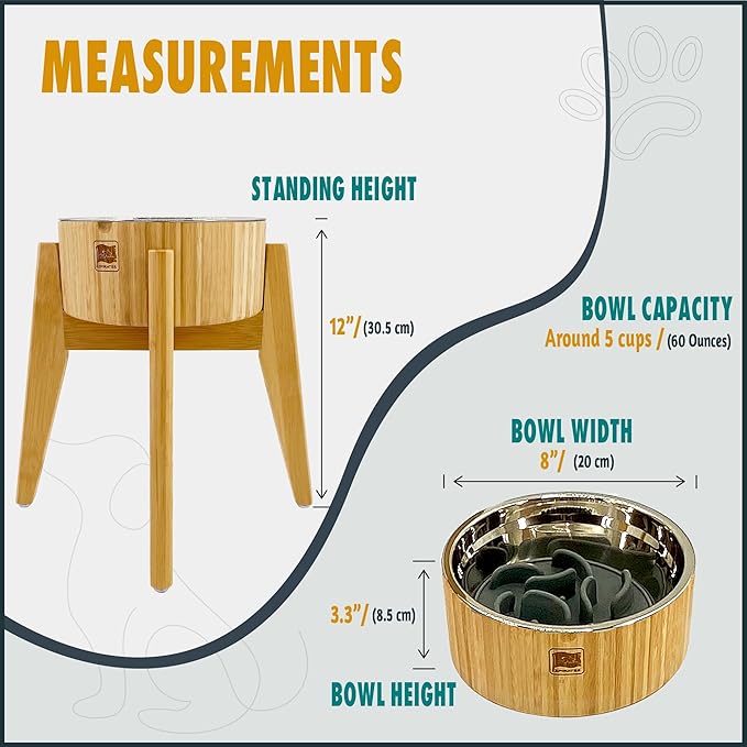 Dog Bowl Slow Feeder - 12-inch Tall, Elevated, Raised Single Food Station with Stand and Slow Feeder Insert, Suitable for Treats, Wet/Dry Pet Foods