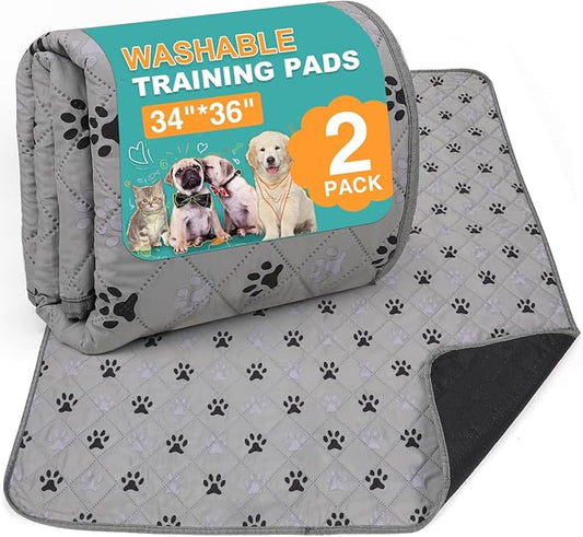 FUWERY Washable Pee Pads for Dogs ,34"X36", Thick Heavy Absorbency Reusable, Prevent Leakage, Non-Slip Pee Pads for Puppy Playpen,Potty Training, Grey, 2 Packs