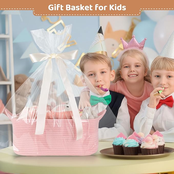 Large Empty Gift Baskets for Baby Shower, 16.5"L x 12.6"W x 7"H Cute Woven Storage Basket with Gift Bags and Ribbons, Small Rope Toy Basket with Handles, Cat Dog Pet Toy Organizer - Pink