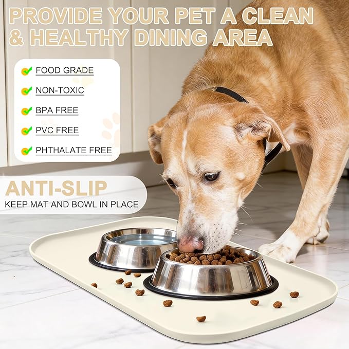 SMILOOL Silicone Pet Food Mat with Raised Edge for Food and Water Bowl, Dog Feeding Mats, Cat Food Trays for Floor Waterproof, Rubber Tray for Dogs and Cats, 24 x 16 x 0.8 White Sand