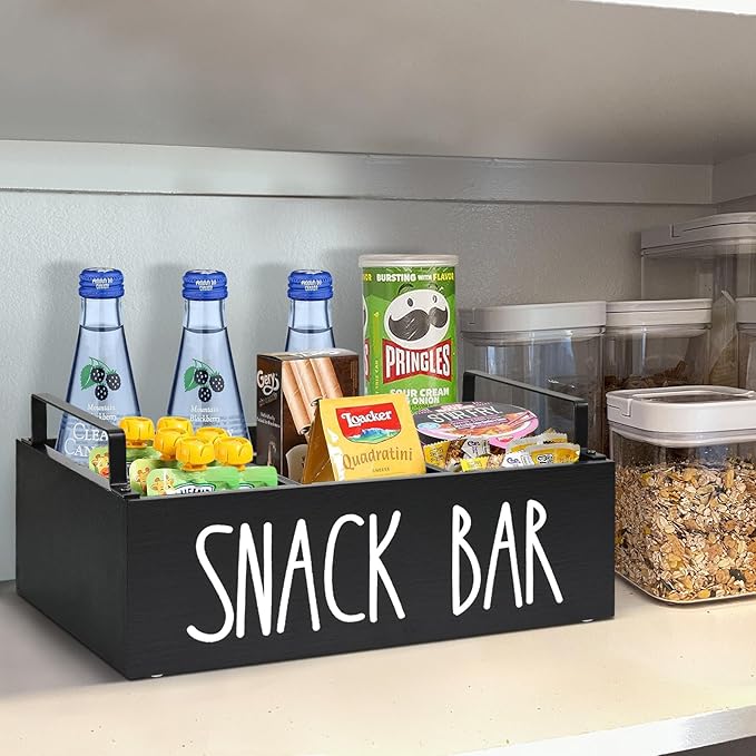 Snack Organizer for Countertop, Wood Pantry Storage Bins with Handles, Snack Bar Organizer for Pantry Shelf, Kitchen, 4 Compartment Food Container Snack Box, Pantry Organizer for Snacks, Chips(Black)