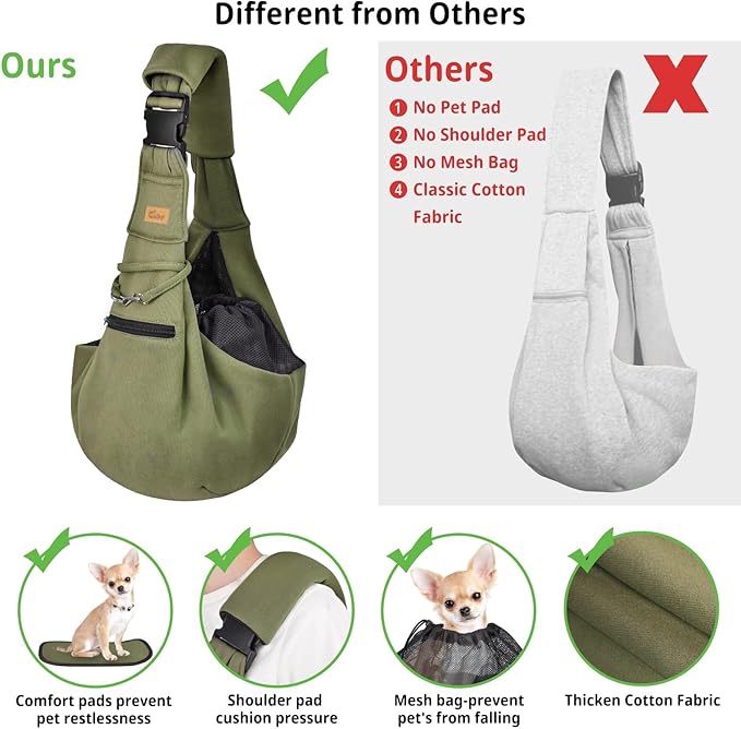 CUBY Dog and Cat Sling Carrier - Hands Free Reversible Pet Papoose Bag - Soft Pouch and Tote Design - Suitable for Puppy, Small Dogs Cats Outdoor(Green, Adjust Strap 2.0)