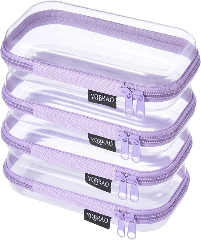 YQBRAO 4-Pack Clear Hard Shell Zipper Case, 1.2mm Ultra-Thick Diaper Bag Organizer Pouches, Rigid Self-Standing Travel Makeup Bags with YKK Zippers, TSA Approved, Purple