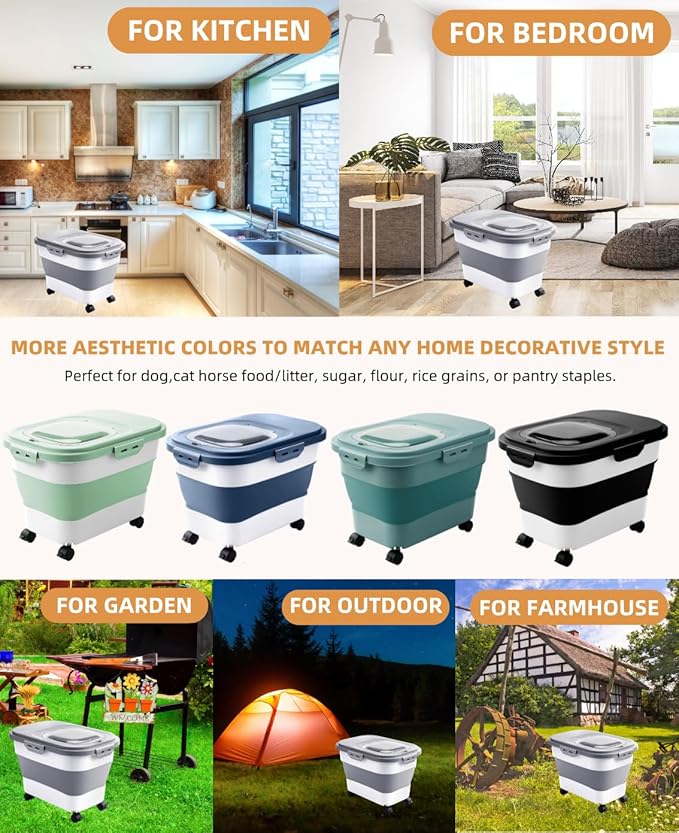 DDMOMMY 20-23 Lbs Dog Food Storage Container - Collapsible Dog Food Container with Attachable Casters and Scoop,Travel Silicone Bowl, Pet Food Storage Containers to Keep Dry Food Fresh,Easy to Move