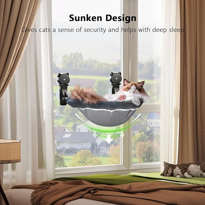 JUNSPOW Cat Window Perch Cordless, Foldable & Stable Cat Beds- Breathable Cat Window Hammock for Overlooking, Sunbathing and Climbing - Maximum Hold Up to 40lb