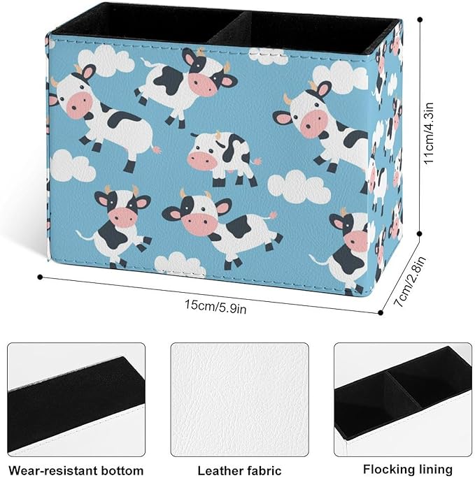 Famame Clouds Cute Cow Pencil Holder for Desk, Leather Desktop Container Pen Cup Storage Study Table Pen Organizer Makeup Brush Holder for Classroom Office Home