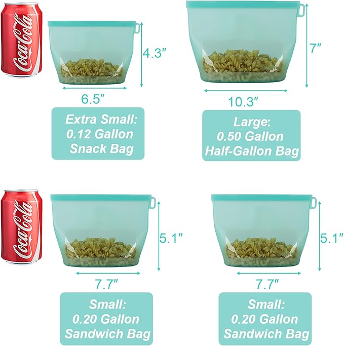 Reusable Silicone Food Storage Bags 4 Pack with 1 Snack, 2 Sandwich and 1 Half Gallon Bags, Multi-Use & Sous Vide Stand-Up Pouches for Soup and Leftovers, Microwave, Dishwasher and Freezer Safe
