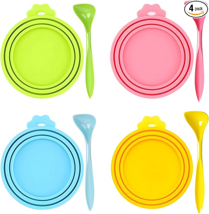 4-Pack Pet Food Can Lids, Silicone Dog Food Lids for Cans, Universal Wet Cat Food Lid Covers, Leakproof Reusable Plastic Can Covers, One Fits 3 Standard Sizes with Matching Scoops, Multicolored