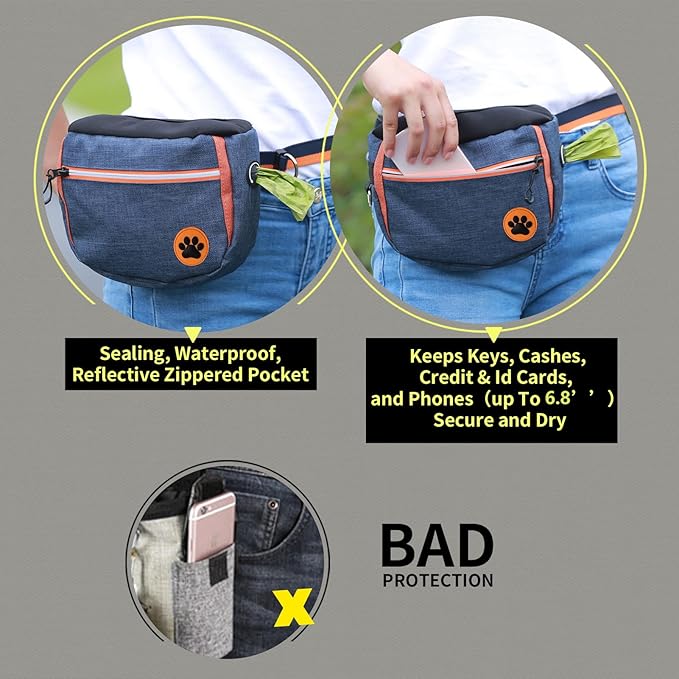 Large 6 Cup Dog Treat Pouch with Clicker,Treat Pouches for Pet Training,Crossover Self-Closing Bag,Built-in Poop Bag Dispenser, 46“ Free Hand Waist Belt for Walks/Oxford Fabric/double pocket(Blue)