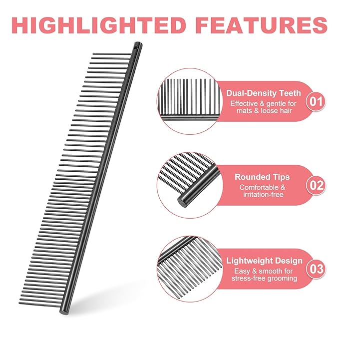 PETAXCELL Dog Cat Comb, Pet Combs Stainless Steel Teeth with Rounded Ends for Knots Mats Loose Hair Removal, 6.5/7.5IN (Black Plated, 2 Pack), Grooming Tool Intended for Long Curly Hair Pet