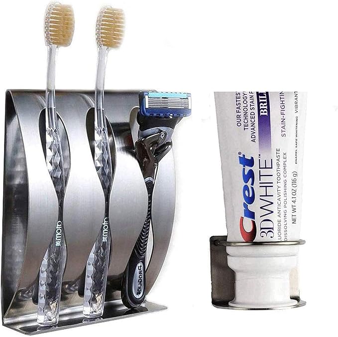 Stainless Steel Wall Mount Bathroom Toothbrush Holder, Bathroom Cabinet Organizer Accessories, 1 Toothbrush with 3M Self-Adhesive + 1 Toothpaste Holder Dispenser, Razor Holder