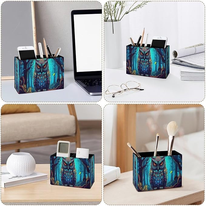 Famame Drawn Owl Pencil Holder for Desk, Leather Desktop Container Pen Cup Storage Study Table Pen Organizer Makeup Brush Holder for Classroom Office Home