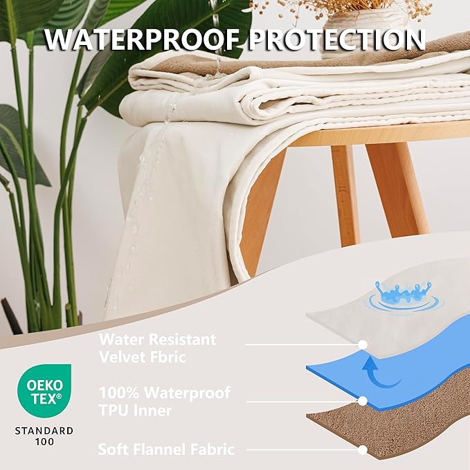 Waterproof Dog Blanket for Bed, Reversible Queen Size Pet Couch Throw Blankets Leak Proof Sofa Protector for Furniture Machine Washable-82x95,Khaki+Beige