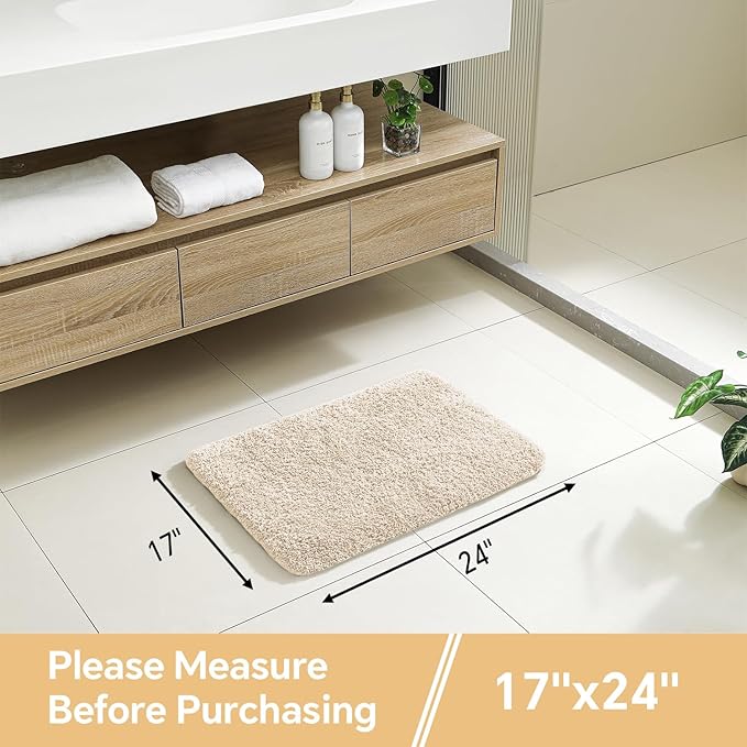Beige Bathroom Rugs 17"x24" - High-Density Microfiber Bath Mat, Fluffy Non Slip Absorbent and Washable Bathroom Mat - Ideal for Small Spaces, Vanity, Toilet, or Pet Mat