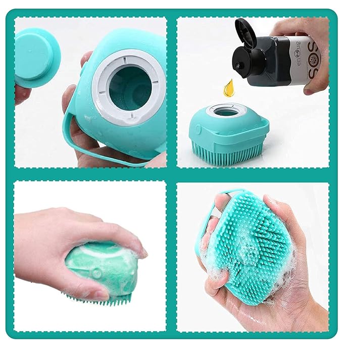 2-in-1 Dog Bath Brush with Shampoo Dispenser – Soft Silicone Pet Grooming Brush for Dogs & Cats – Gentle Massage & Deep Cleaning Bath Scrubber, Easy to Use and Refill, Pink