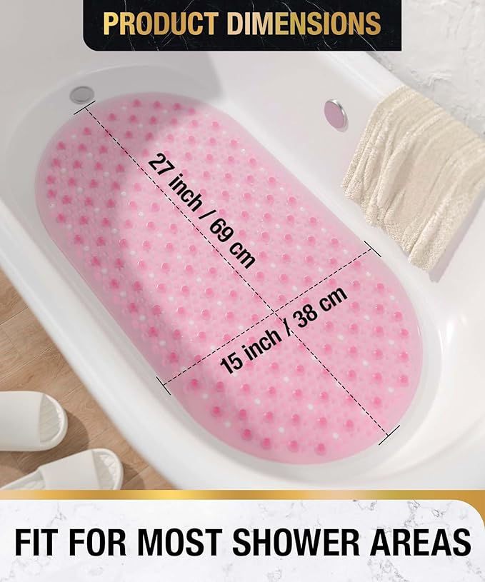 HITSLAM Oval Bath Mat for Tub, 27x15 Inch Bubble Bathtub Mat Non Slip, Machine Washable Bathroom Shower Mat with Drain Holes and Suction Cups, Bathroom Accessories Pink