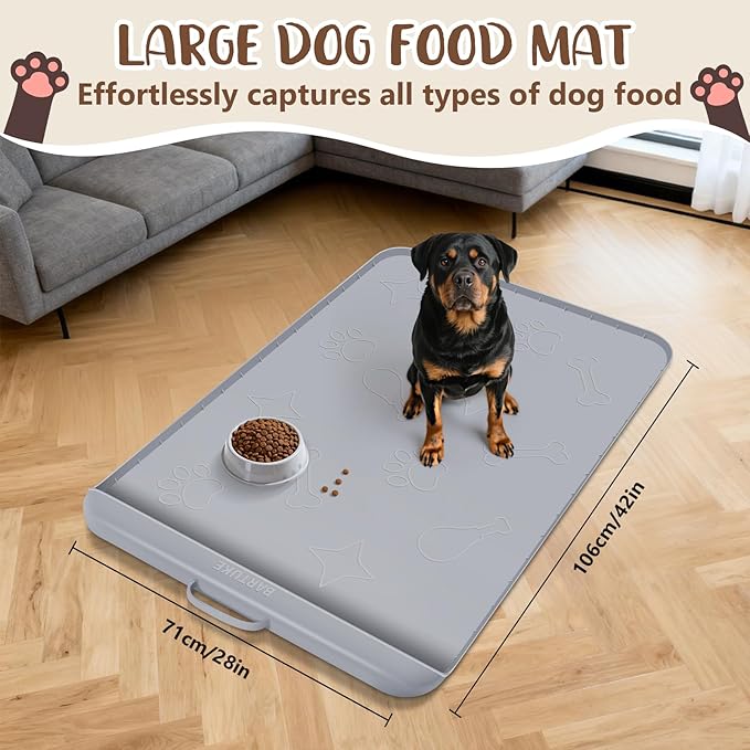Dog Food Mat with Collection Pocket, 42''x28'' Extra Large Silicone Pet Feeding Mat for Food and Water, Waterproof Anti-Slip Dog Mat with Edge and Handle, Pet Placement for Floor(Light Grey)