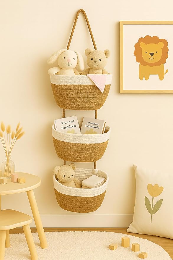 Japanese Handmade Cotton Rope Hanging Basket Organizer – 3 Tier Wall boho Storage Organizer for Toys , Snacks & Décor – Eco-Friendly Coiled Weaving Craft, Housewarming & Shower Gift (White&brown)