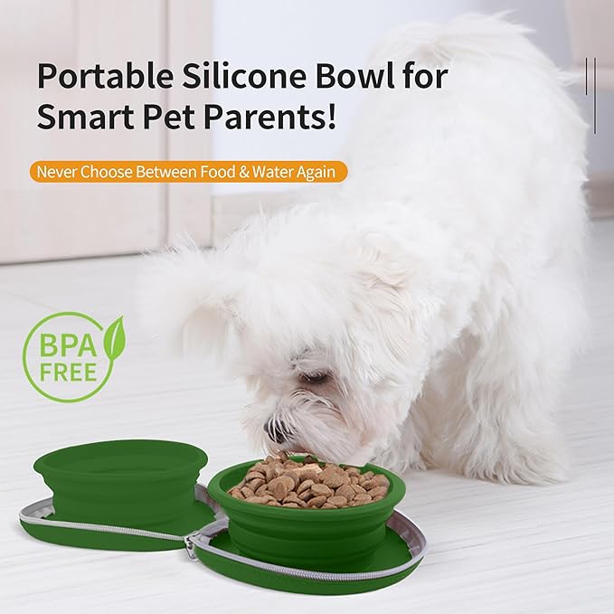 Collapsible Dog Bowls, 2-in-1 Travel Double Bowl Water Food Feeder Portable Pet Traveling Camping & Walking 25oz (Green)