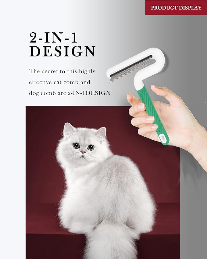 TailGurus Pet Flea Comb for Dogs & Cats - Grooming Tool with Long & Short Steel Teeth, Safely Removes Tangles and Knots, Gentle Detangling Brush for Pet Hair (TG2043)(Green)