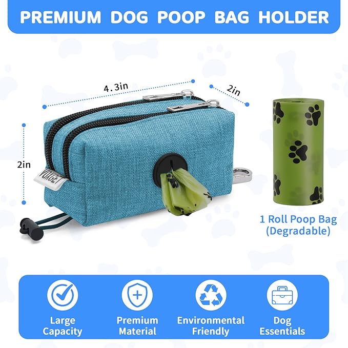 Dog Poop Bag Holder for Leashes, Puppy Treat Pouch Carrier with 2 Zipper Pockets and Clip for Pets Doggy Training, Dog Waste Bag Dispenser with 1 Roll Poop Bags for Walking Accessories (Green)