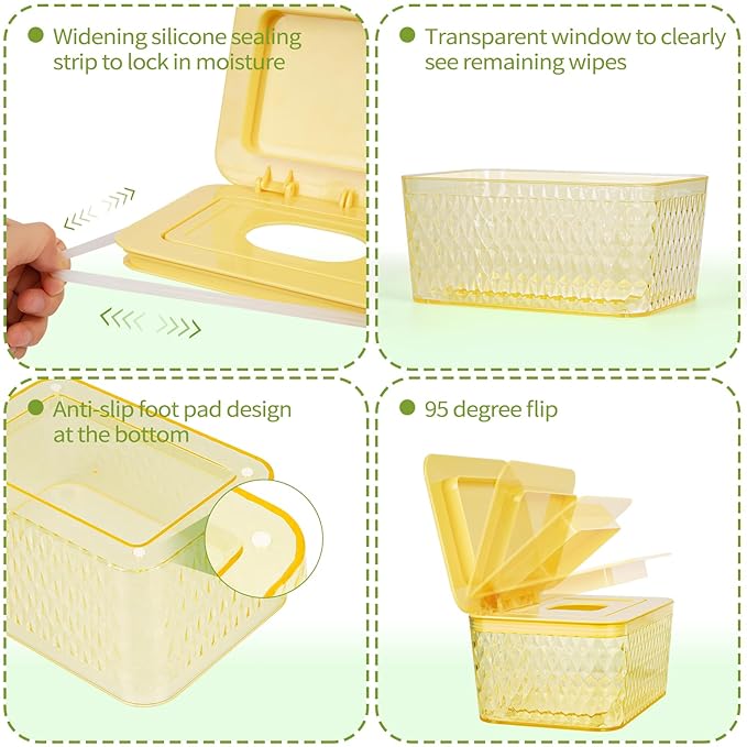 Whiidoom Wipes Dispenser, One-Handed Operation Wipe Holder for Baby & Adult, Seal-Designed Wipes Container for Bathroom Keep Diaper Wipes Fresh (Yellow)