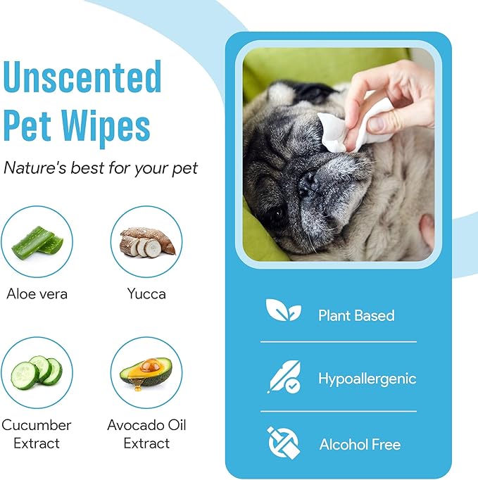 Dog Wipes for Paws and Butt Ears Eyes | Unscented Natural Pet Wipes for Dogs | Hypoallergenic Dog Wipes Cleaning Deodorizing | Extra Thick Plant Based Wipes Dogs Cats Pets | 100 Count