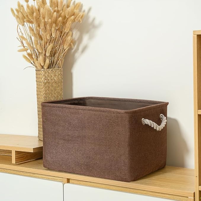 TheWarmHome Organization and Storage Basket for Shelves - 3 Pack 16x12x12 inch Fabric Storage Cubes, Cube Storage Bin for Organizing Closet Cloth Organizer Gift Toy (White & Brown)