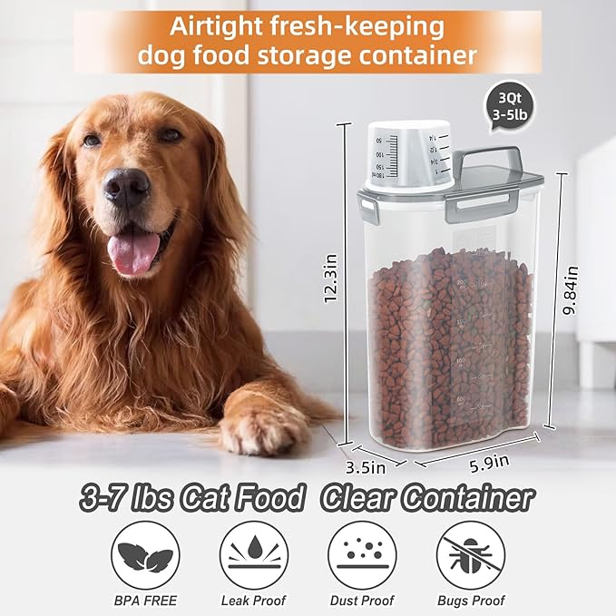 LEAWALK 3-5Lbs Airtight Small Cat Dog Pet Food Storage Containers BPA Free, with Large Pour Spout/1 Measuring Cup/ 4 Safety Locks and Double-layer Silicone Strip (Clear Grey 2Pack)