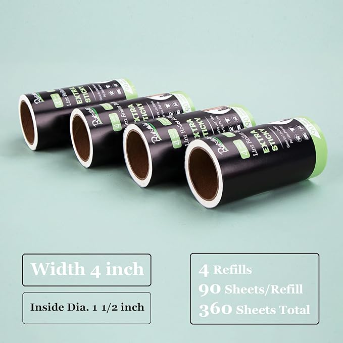4 inch Lint Roller Refills for PetLovers Evercare Fedicelly Albatross and More Lint Rollers, Extra Sticky 90 Sheets per Refill, Pack of 4 Rolls, 360 Sheets Total (1 1/2 inch Inside Diameter)