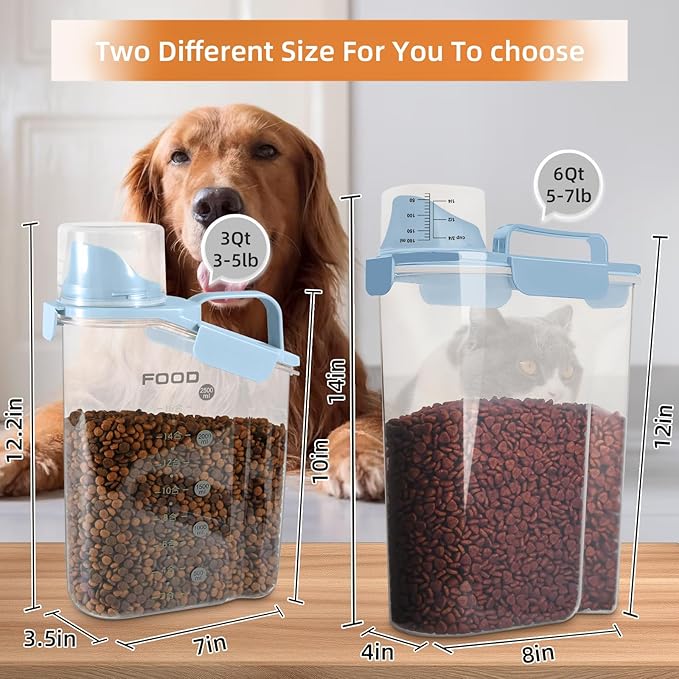 LEAWALK 5-7Lbs Small Cat Dog Food Storage Containers BPA Free, Airtight Pet Food Storage Containers with Large Pour Spout/1 Measuring Cup/ 4 Safety Locks and double-layer silicone strip (Elegant Blue)