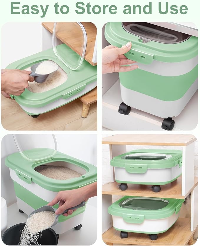 DDMOMMY 20-30 Lbs Rice Storage Container,Collapsible Food Storage Containers with Rolling Wheel Airtight Locking Lid,Flour Storage Container with Cup and Scoop,Suitable for Food,Rice,Pet Food,Flour
