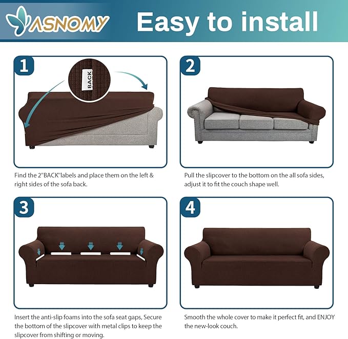 Asnomy Couch Covers for 3 Cushion Couch Sofa pet Friendly, 3 Seater Sofa Cover Washable Slipcovers, Protector Furniture Covers for Dogs Jacquard Fabric Small Checks （Large，Chocolate）