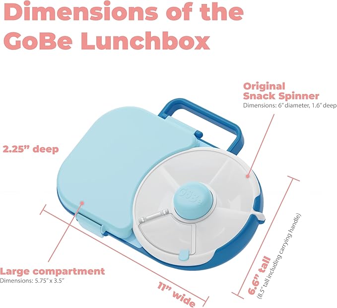GoBe Kids Lunchbox with Small Snack Spinner Flip - Bundle with Hand Strap & Sticker Sheet, 2-in-1 Bento Style Lunch Container, 5 Small +1 Large Sandwich Compartment, BPA & PVC Free - Mint Green