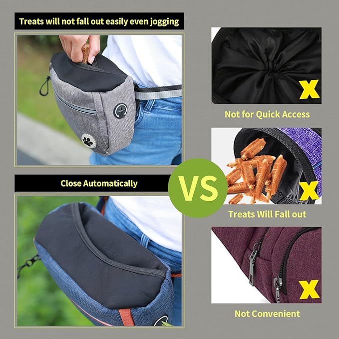 Large 6 Cup Dog Treat Pouch with Clicker,Treat Pouches for Pet Training,Crossover Self-Closing Bag,Built-in Poop Bag Dispenser, 46“ Free hands Waist Belt for Walks/oxford Fabric/double pocket(Grey)