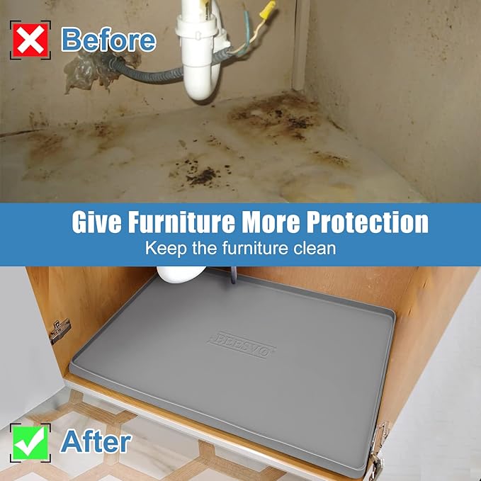Under Sink Mat for Kitchen Waterproof, 28" x 19" Silicone Under Sink Liner Kitchen & Bathroom Cabinet Protector Mats, Heavy Duty Flexible Under Sink Drip Tray with Lip, Cool Grey