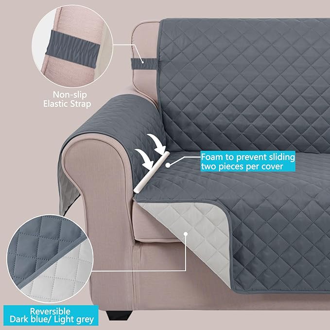U-NICE HOME Loveseat Sofa Cover Reversible Couch Covers for 2 Cushion Couch for Dogs Furniture Protector Cover with Elastic Straps Water Resistant(Loveseat Small, Dark Blue/Light Grey)