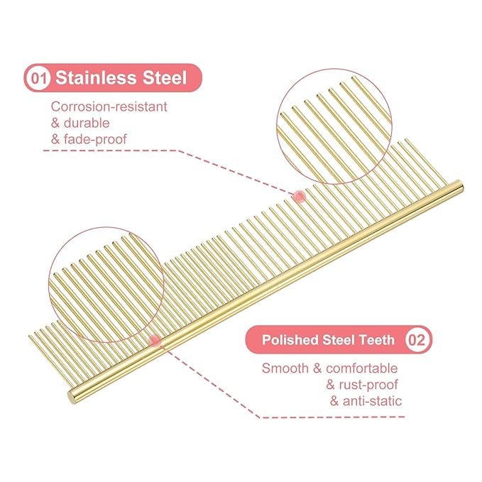 PETAXCELL Dog Cat Comb, Pet Combs Stainless Steel Teeth with Rounded Ends for Knots Mats Loose Hair Removal, 6.5/7.5IN (Gold Plated, 2 Pack), Grooming Tool Intended for Long Curly Hair Pet