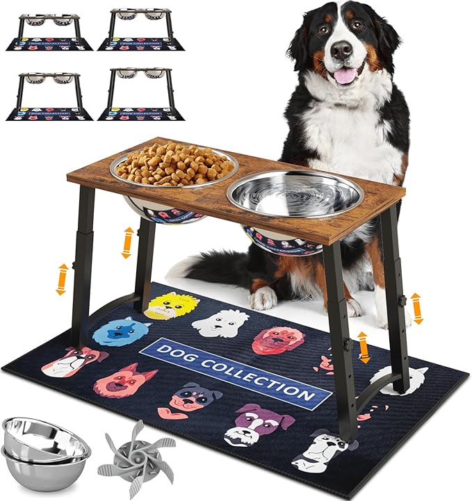 TIDANT Elevated Dog Bowls for Large Dogs with Slow Feeder & Mat, 4 Height Adjustable & 101oz Bowls, Tall Raised Dog Bowl Stand