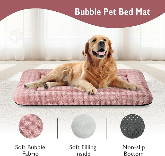 Dog Bed Mat Crate Pad for Large Dogs, Washable Soft Pet Sleeping Mat Kennel Pad with 3D Bubble Pattern, Dusty Pink, 42"x 28"