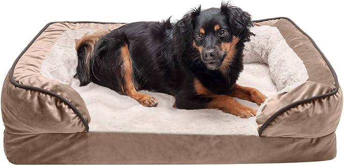 Furhaven Cooling Gel Dog Bed for Medium/Small Dogs w/ Removable Bolsters & Washable Cover, For Dogs Up to 35 lbs - Plush & Velvet Waves Perfect Comfort Sofa - Brownstone, Medium
