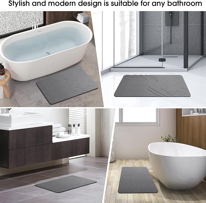 Stone Bath Mat Diatomaceous Earth Shower Mat Non-Slip Super Absorbent Diatomite Stone Mats for Bathroom Floor/Ktichen Cuonter Quick-Drying Easy to Clean (24''*16'' Grey-Feather)