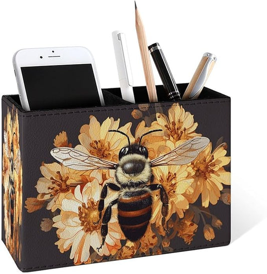 Famame Bee Yellow Wild Flowers Pencil Holder for Desk, Leather Desktop Container Pen Cup Storage Study Table Pen Organizer Makeup Brush Holder for Classroom Office Home