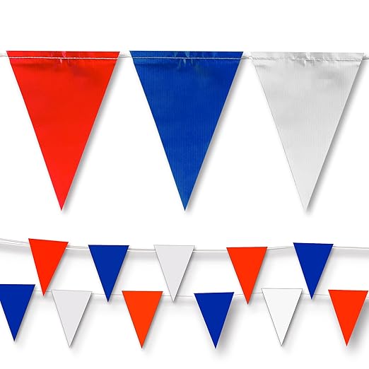 Red Blue White Pennant Banner Flags | OSHA 500lb Rated | Strand Fade Resistant 【102FT】