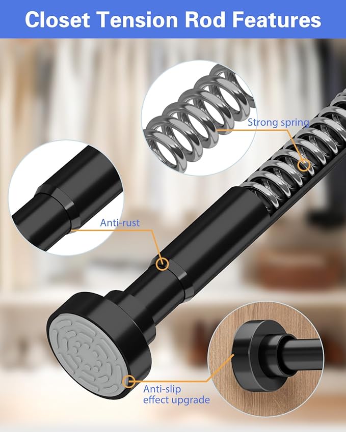 No Drilling Closet Rods for Hanging Clothes, Non Slip Tension Rod with Heavy Duty Clothes Hanging Rod, 17-54 Inches Adjustable Spring Closet Rod for Closet Wardrobe Bathroom Laundry RV, Black