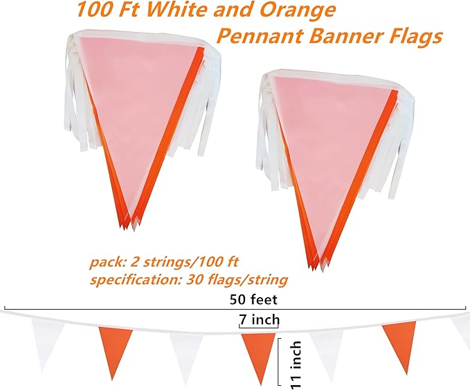 100 Feet Orange & White Pennant Banner Flags String Hanging Orange & White DIY Triangle Bunting Flags,Party Decorations for Grand Opening,Party Events Celebration,Kids Birthday,60 Pcs