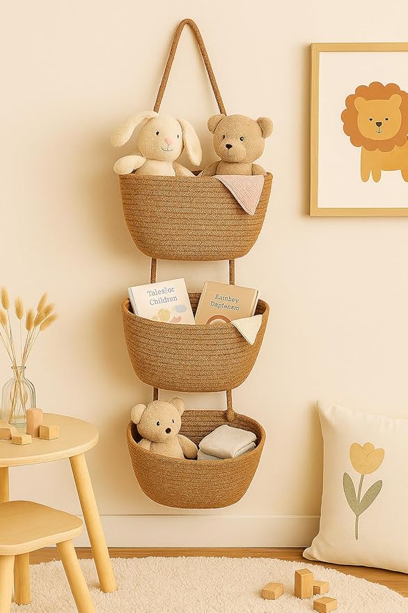 Japanese Handmade Cotton Rope Hanging Basket Organizer – 3 Tier Wall boho Storage Organizer for Toys , Snacks & Décor – Eco-Friendly Coiled Weaving Craft, Housewarming & Shower Gift (brown)