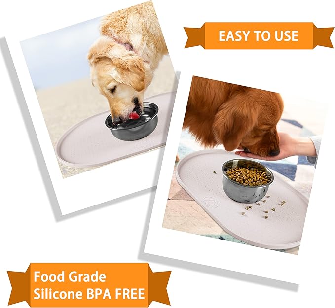 100% Waterproof 0.5" Raised Edge BPA Free Silicone Dog Food Mat, Pet Cat Feeding Mats Contain Spills Protects Floors, Placemats for Cats and Dogs Water Bowl Dishwasher.(Small, White Sand)
