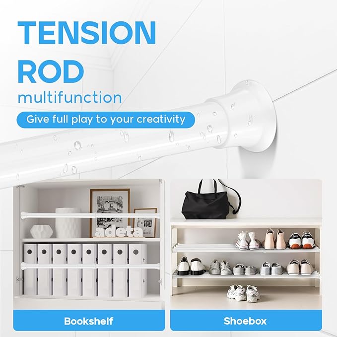 1pack Spring Tension Rods 23-46 Inch Adjustable White Tension Rod Spring Curtain Rod Extendable Short Curtain Rod Spring Loaded Curtain Rods Tension Rod for Curtains, Closet, Kitchen